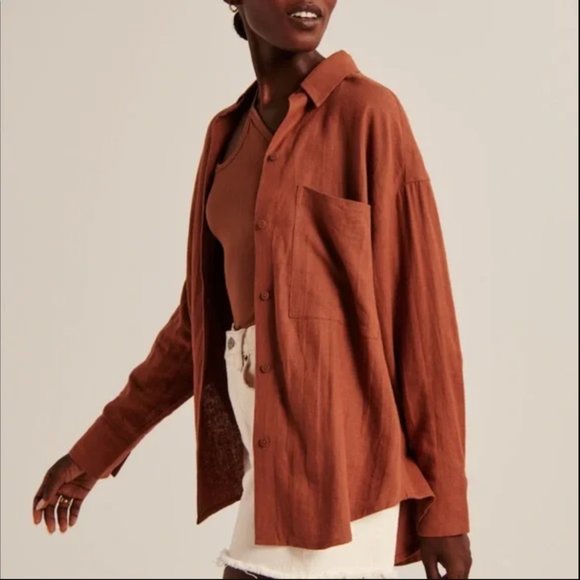 Abercrombie Oversized Linen-Blend Button-Up Shirt Paprika Rust Orange XXS - Picture 2 of 3